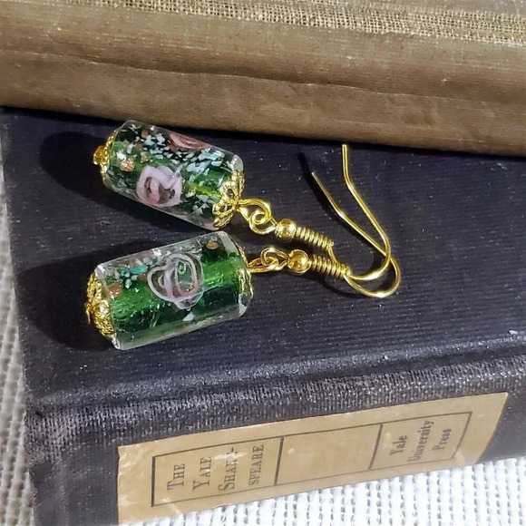 Green Murano Lampwork Glass Vintage Beads with Flower Inside Earrings - Picture 5 of 11